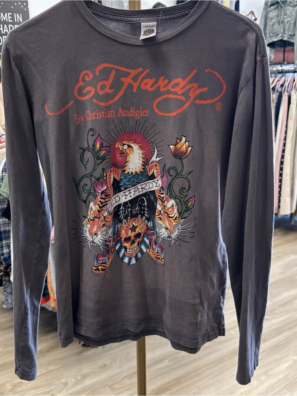 Ed Hardy Long Sleeve Graphic Tee in Charcoal with Multicolor Tattoo Artwork